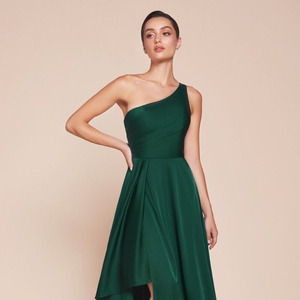NEW FORMAL A-LINE LONG SOFT SATIN DRESS W/ ONE SHOULDER NECK & LEG SLIT CD 7450